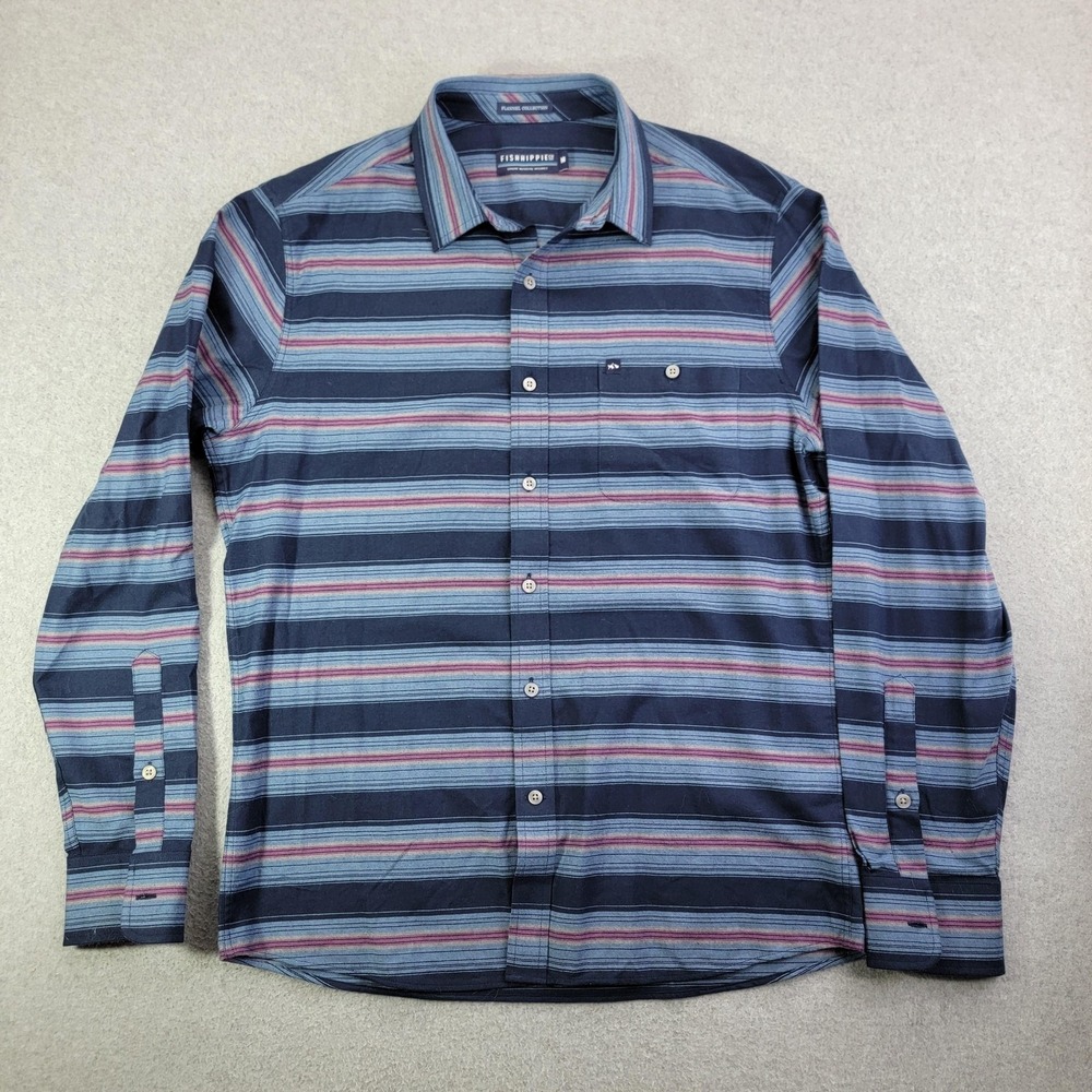 Fish Hippie Shirt Mens Medium Blue Striped Long Sleeve Button Stretch Flannel